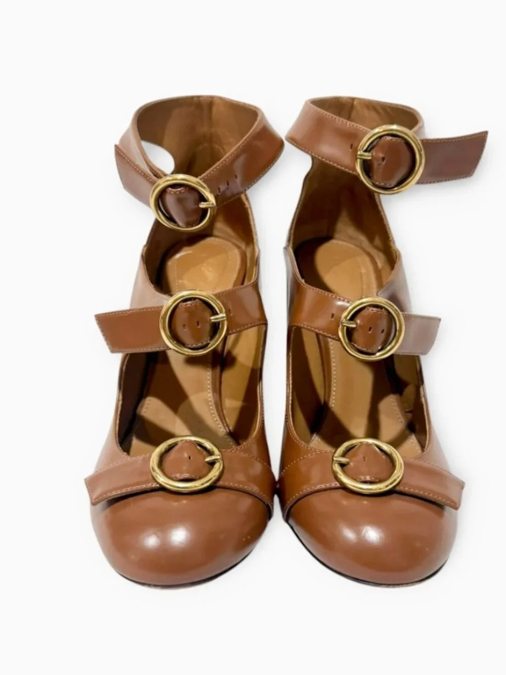 Chloe Leather Triple Strap Buckle Block Heel Pump Shoe Size 37.5